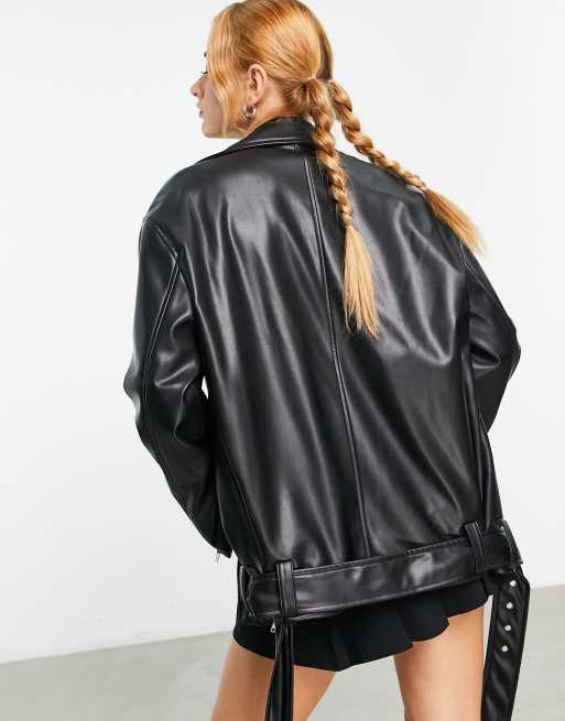 ASOS DESIGN longline oversized faux leather biker jacket in black