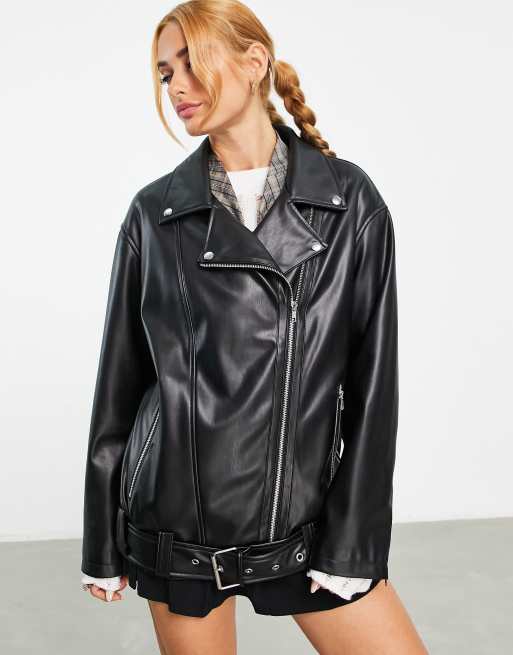 ASOS DESIGN longline oversized faux leather biker jacket in white