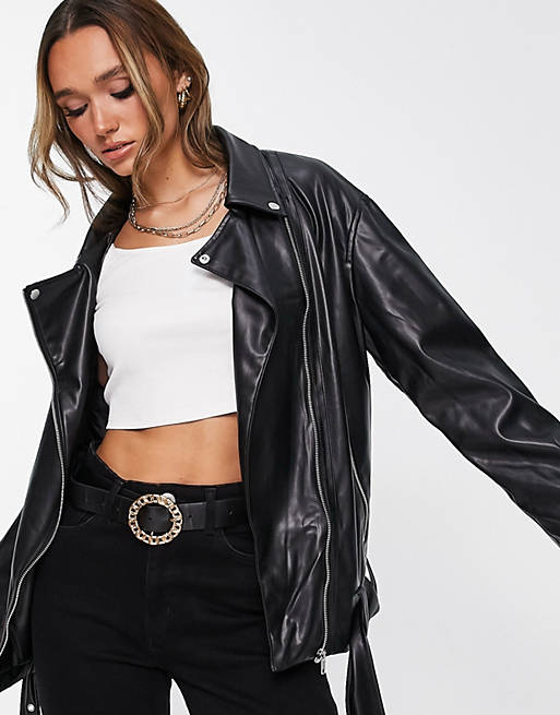 ASOS DESIGN longline oversized faux leather biker jacket in black | ASOS