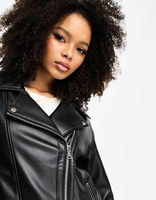 ASOS DESIGN faux leather croc longline biker jacket in black