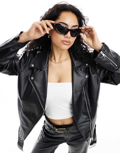 ASOS DESIGN longline oversized faux-leather biker jacket in black - view 1
