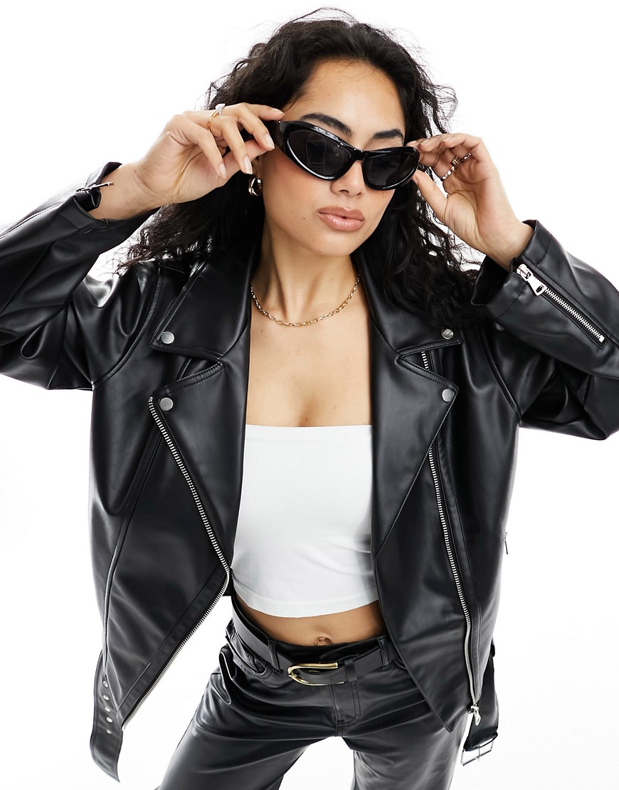 ASOS DESIGN longline oversized faux leather biker jacket in black