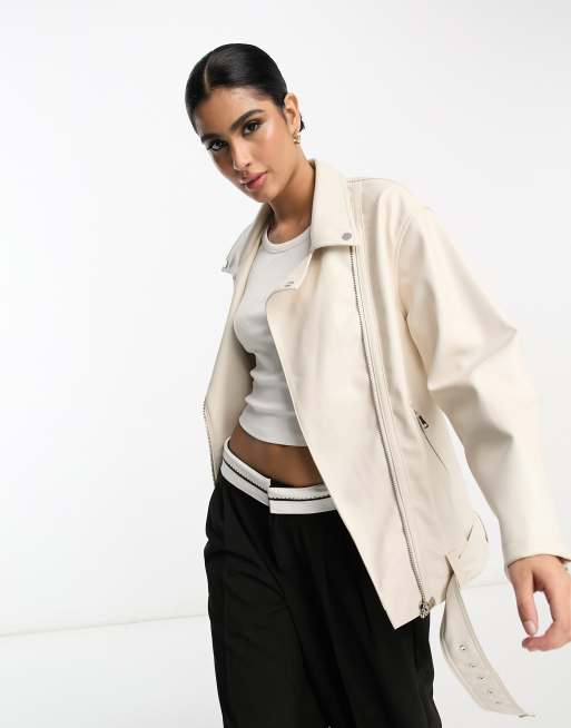 Stradivarius Oversized Faux Leather Jacket In Ecru-white