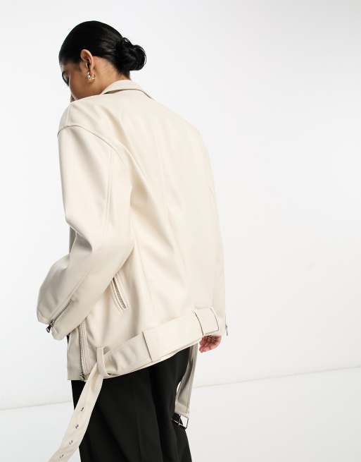 ASOS DESIGN longline oversized faux leather biker jacket in ecru