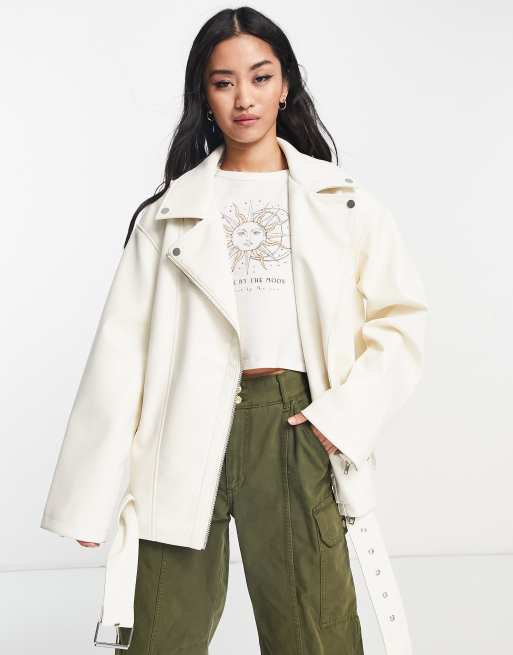 ASOS DESIGN longline oversized faux leather biker jacket in white