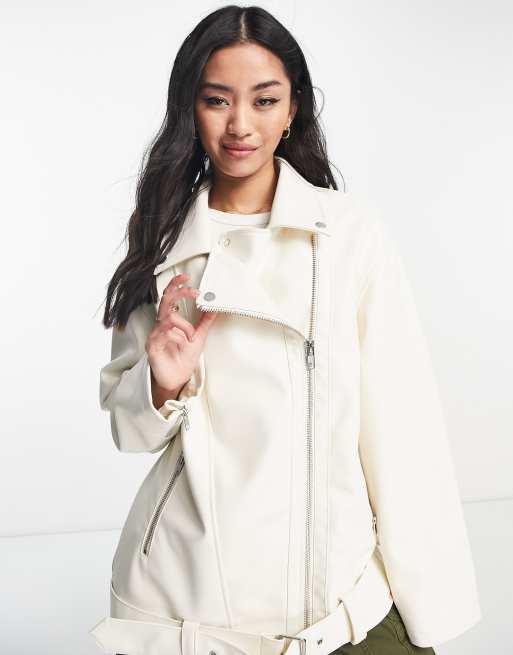 Plus Cream Faux Leather Zip Detail Biker Jacket