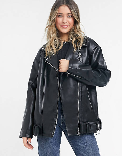 ASOS DESIGN longline oversized faux leather moto jacket in black
