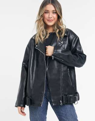 ASOS Premium Leather Oversized Biker Jacket With Chain Detail in Black