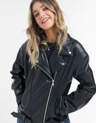 ASOS Design Faux Leather Biker Jacket Beige