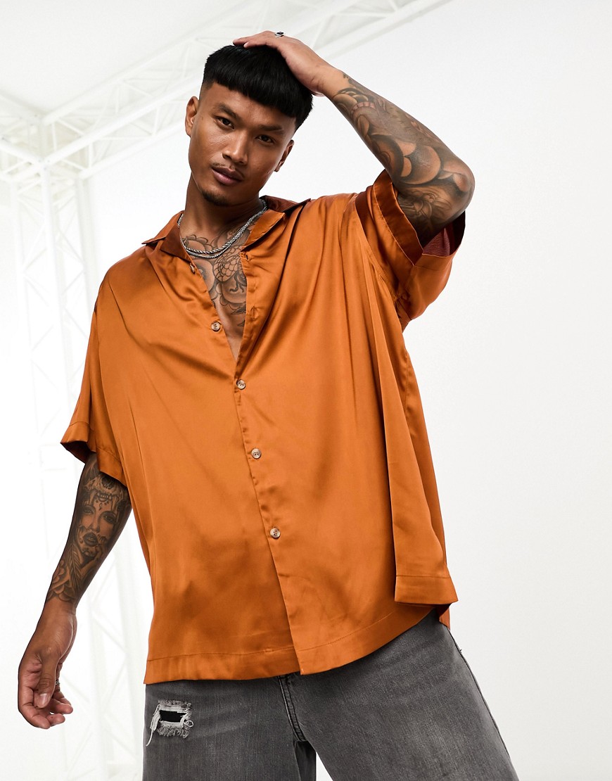 ASOS DESIGN longline oversized satin shirt in copper-Brown