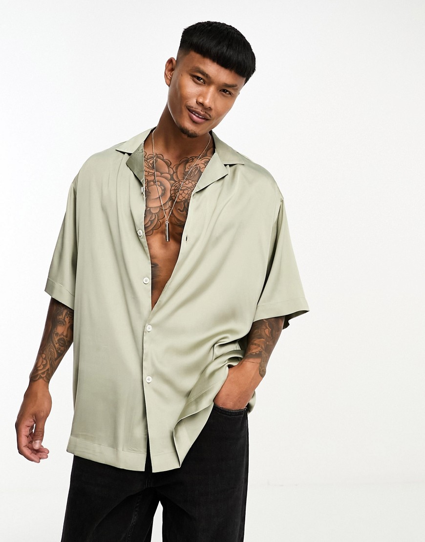ASOS DESIGN longline oversized satin shirt khaki-Green