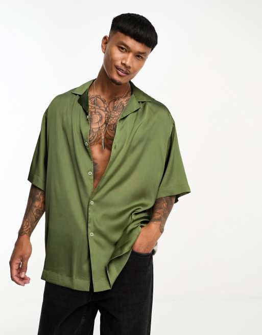 ASOS DESIGN longline oversized satin shirt khaki | ASOS