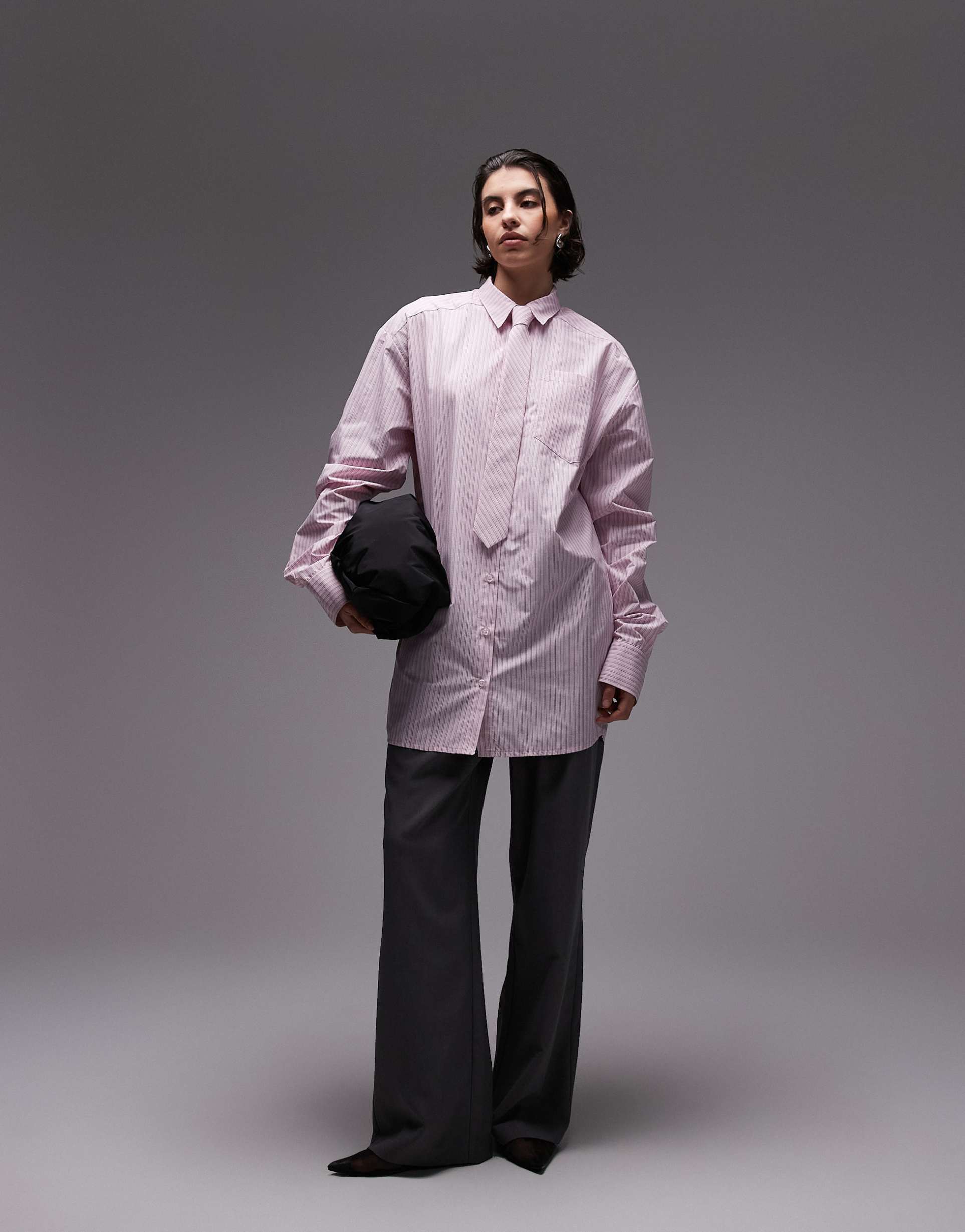 asos design longline oversized shirt with tie in pink stripe