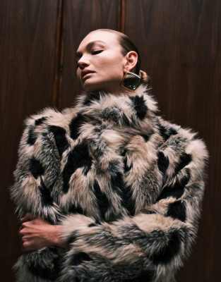 Asos Design Longline Patch Faux Fur Coat In Multi