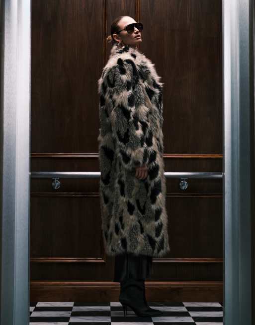 ASOS DESIGN longline patch faux fur coat in oatmeal and black, 4 of 4