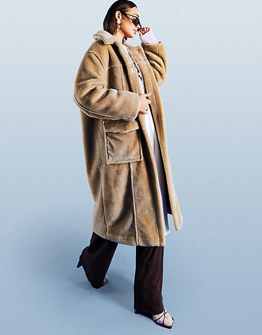 ASOS DESIGN longline plush faux fur coat in camel