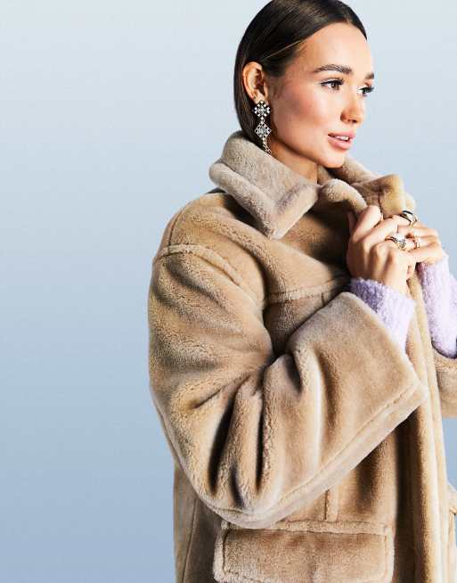 ASOS DESIGN longline plush faux fur coat in camel