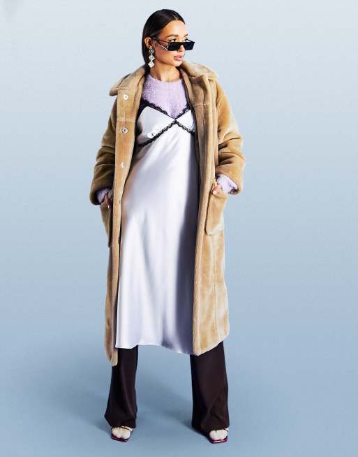 ASOS DESIGN longline plush faux fur coat in camel