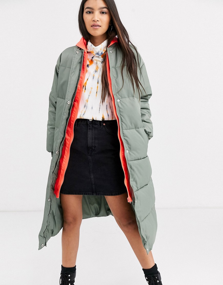 ASOS DESIGN longline puffer coat with contrast hood in sage-Green