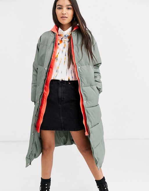 ASOS DESIGN longline puffer coat with contrast hood in sage