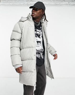 ASOS DESIGN longline puffer coat with detachable hood in grey