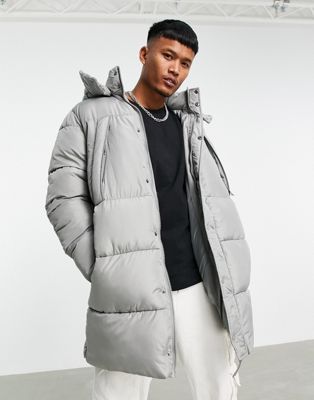 ASOS DESIGN longline puffer coat with detachable hood in grey - ASOS Price Checker