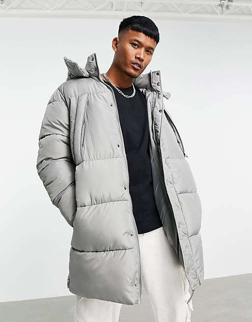 ASOS DESIGN longline puffer coat with detachable hood in grey | ASOS