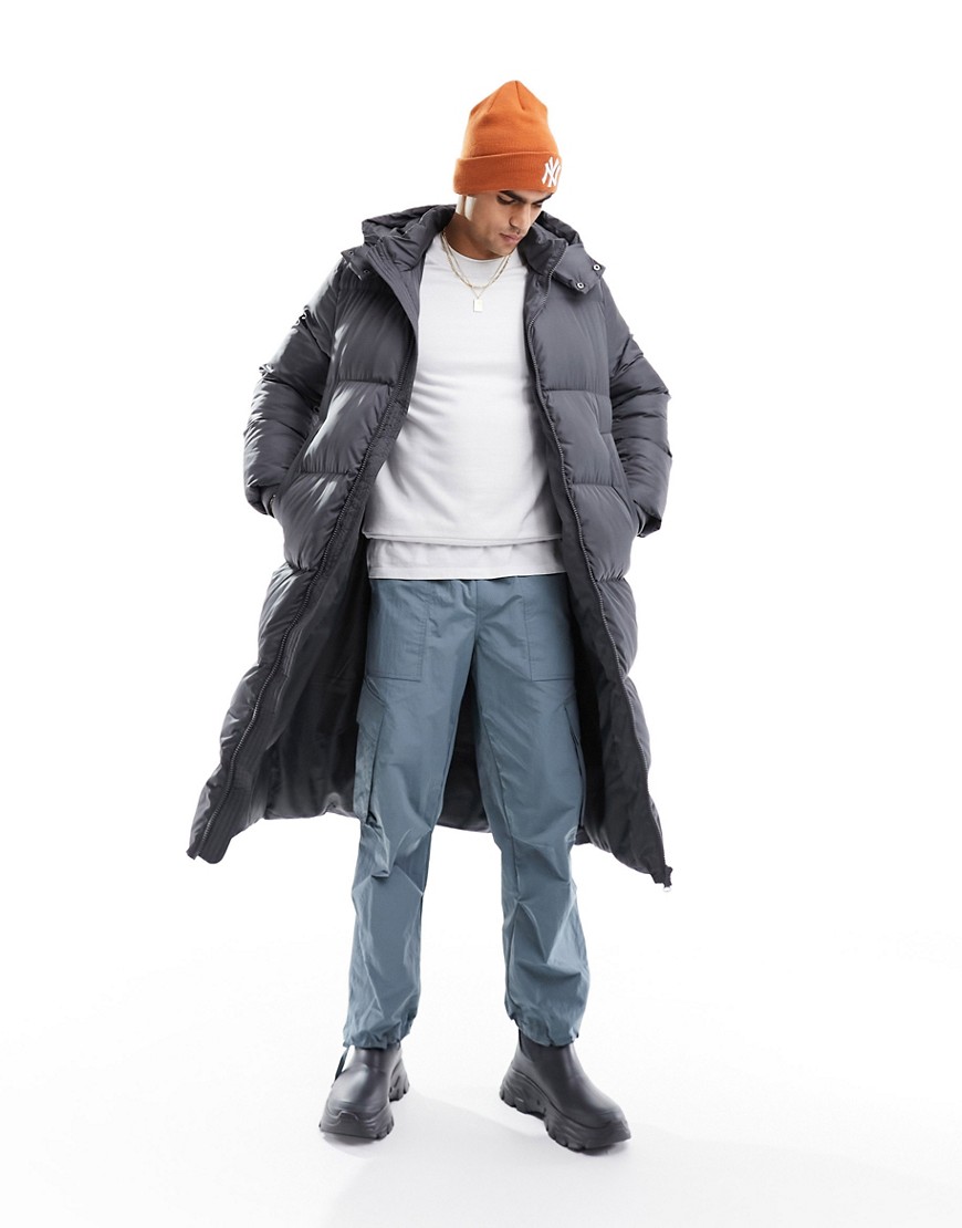 Asos Design Longline Puffer Coat With Hood In Gray