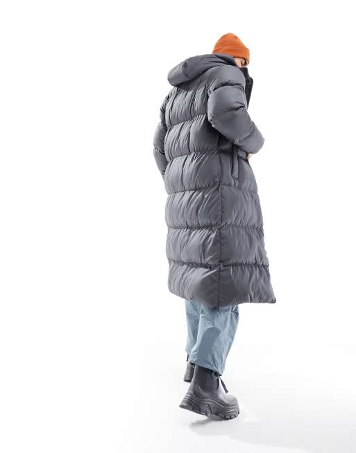 ASOS DESIGN longline puffer coat with hood in gray