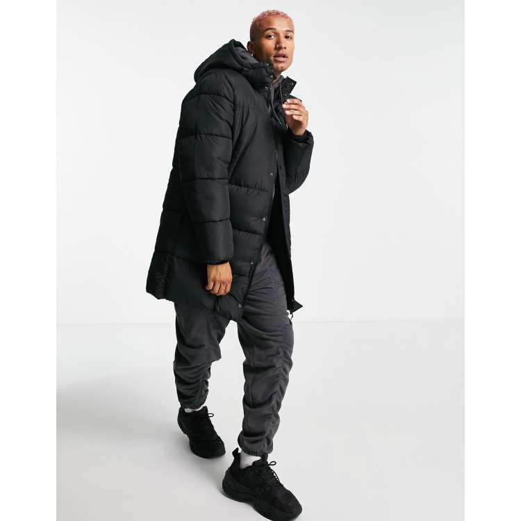 Asos design sustainable puffer jacket online with detachable hood in black