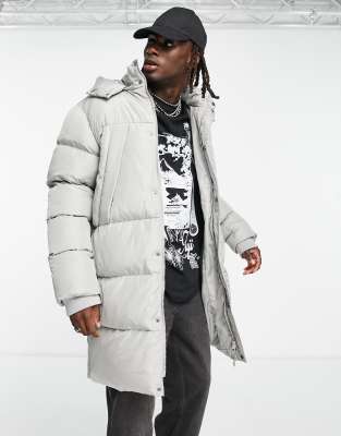 ASOS DESIGN longline puffer coat with detachable hood in grey - ASOS Price Checker