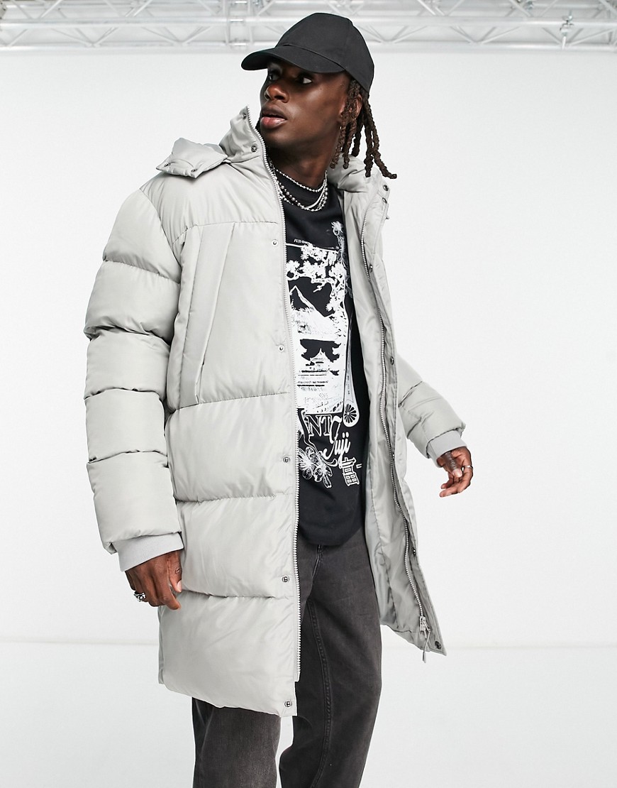 ASOS DESIGN longline puffer jacket with detachable hood in gray