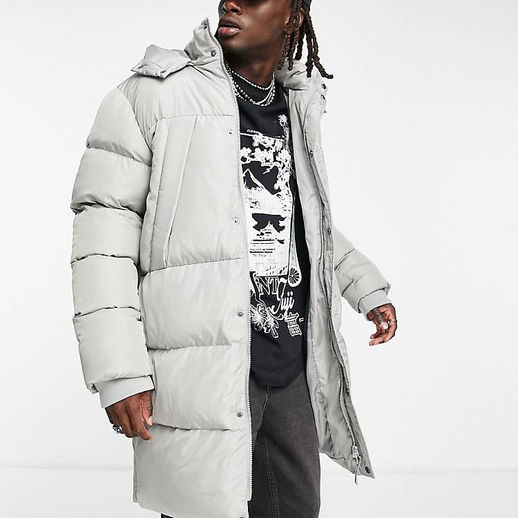 Waardig Miniatuur Plateau ASOS DESIGN longline puffer jacket with detachable hood in gray | ASOS