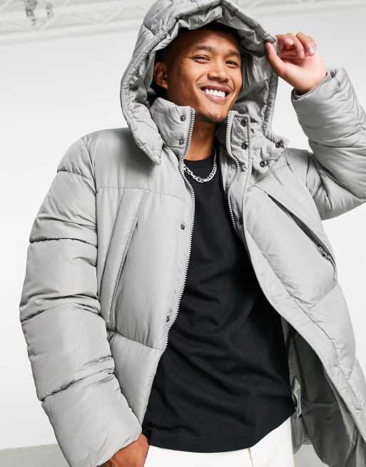 ASOS DESIGN puffer jacket with detachable hood in grey