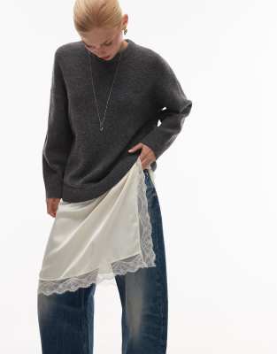 ASOS DESIGN - Longline-Pullover in Grau mit Saum aus Spitzenmix