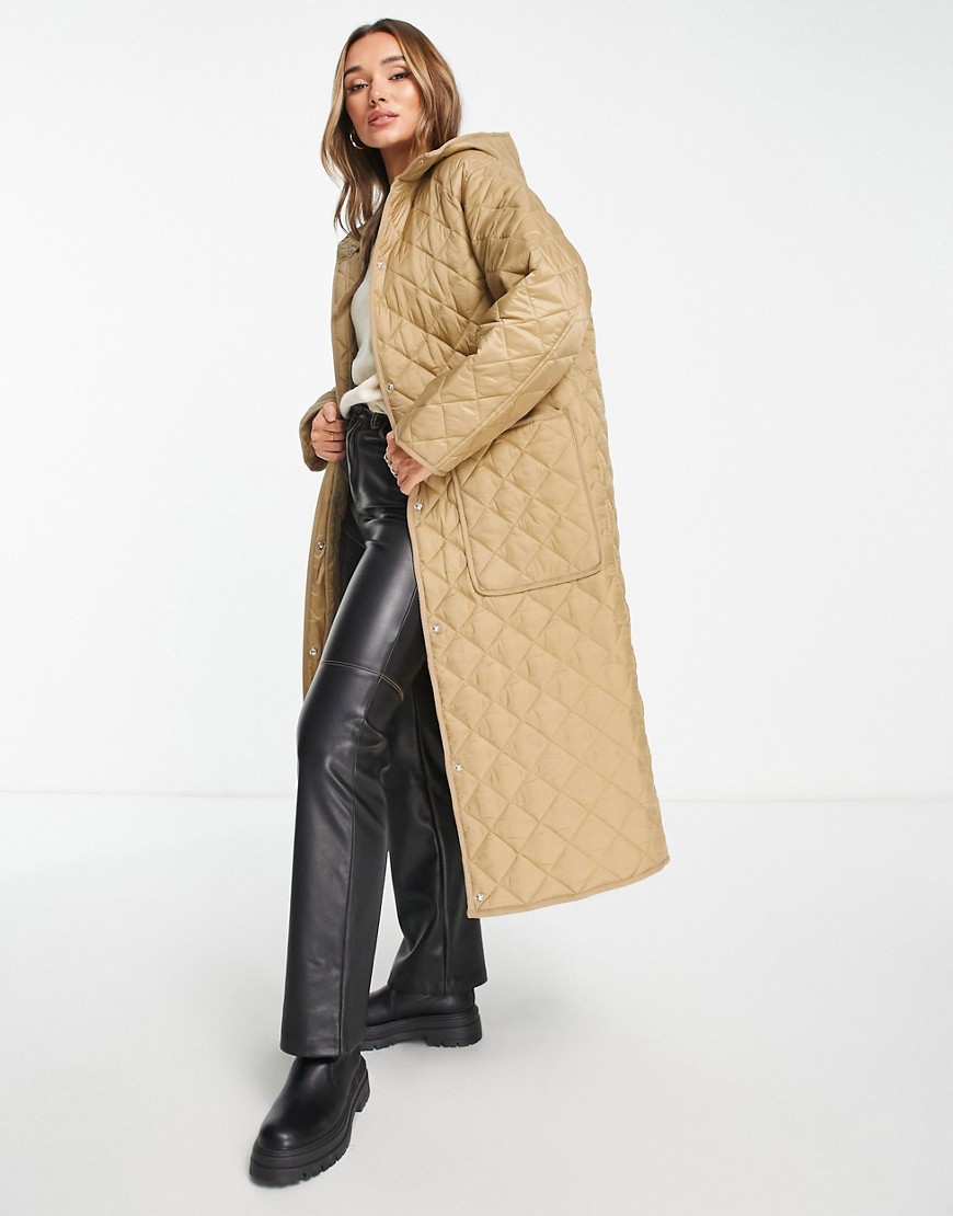 ASOS DESIGN longline quilted coat in camel-Neutral