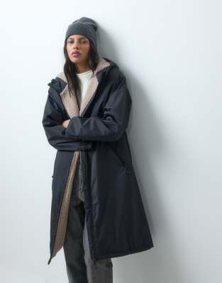 Asos Design Longline Rain Coat With Borg Liner In Black