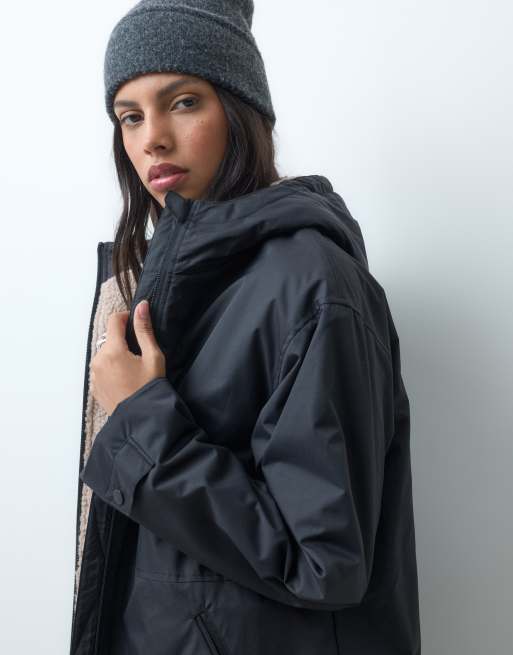 ASOS DESIGN longline rain coat with borg liner in black, 3 of 4
