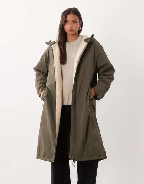 ASOS DESIGN longline rain coat with borg liner in khaki - view 1