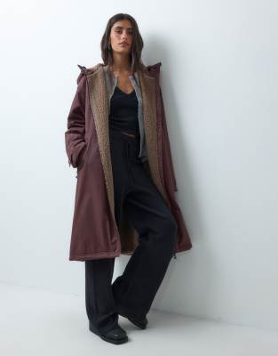 Asos Design Longline Rain Coat With Borg Liner In Brown