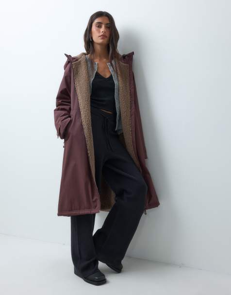 ASOS DESIGN longline rain coat with borg liner in mushroom - view 1
