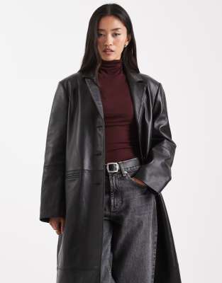 Asos Design Longline Real Leather Dad Coat In Black