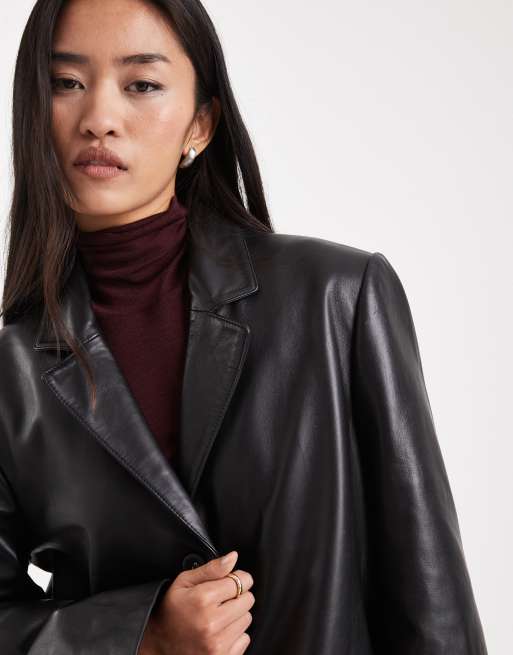 ASOS DESIGN longline real leather dad coat in black, 3 of 4
