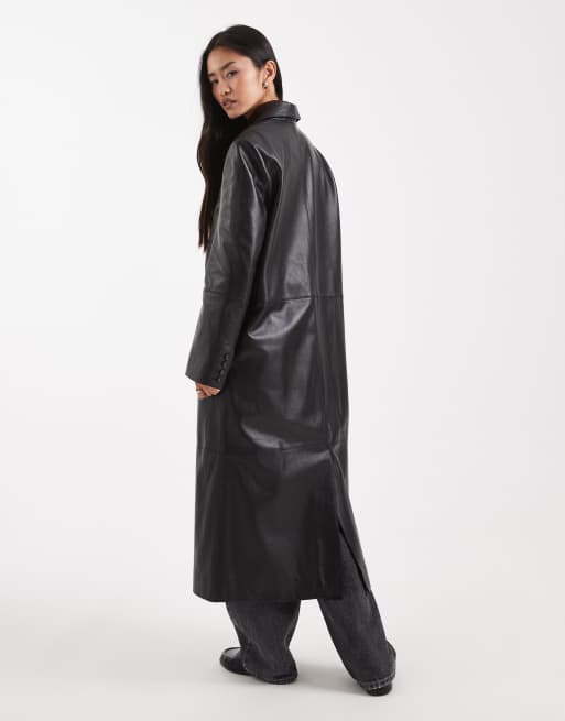 ASOS DESIGN longline real leather dad coat in black, 4 of 4