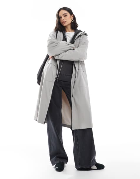 ASOS DESIGN – Longline-Regenmantel in Grau mit Kontrastbesatz - view 1