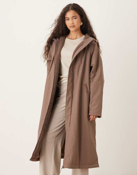 ASOS DESIGN – Longline-Regenmantel in Pilzbraun mit Futter aus Fleece - view 1