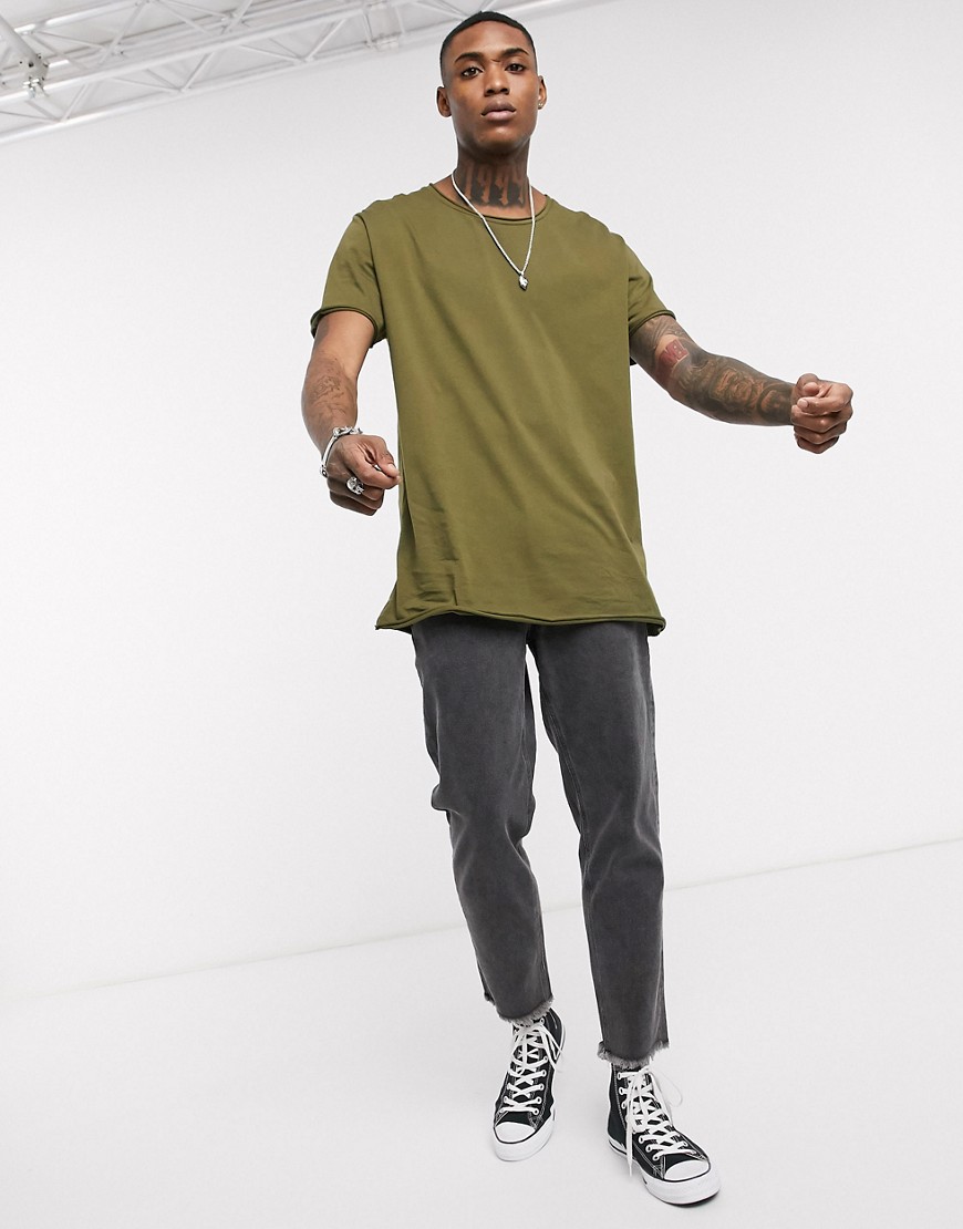 ASOS DESIGN longline relaxed t-shirt with scoop raw edge in khaki-Green