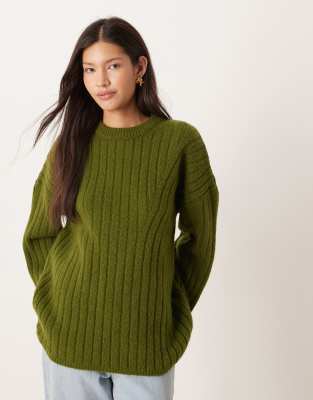 Asos Design Longline Ribbed Crew Neck Sweater In Green