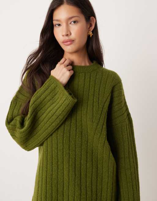 ASOS DESIGN longline ribbed crew neck sweater in olive, 2 of 4