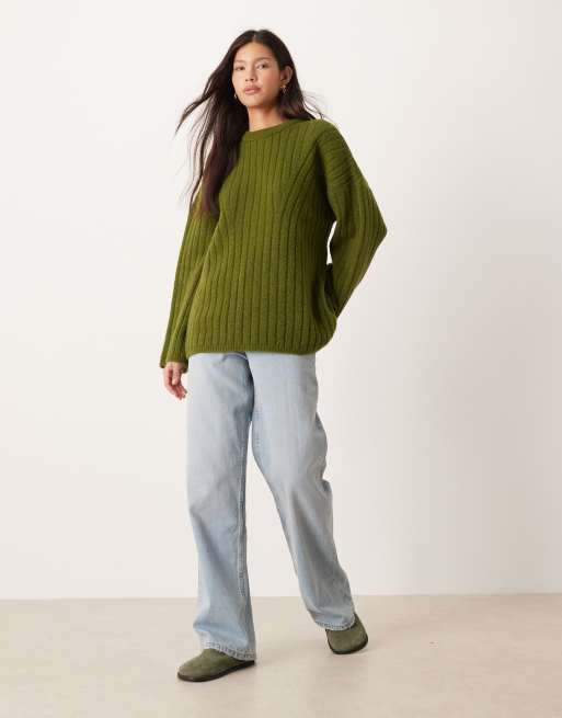 ASOS DESIGN longline ribbed crew neck sweater in olive, 3 of 4